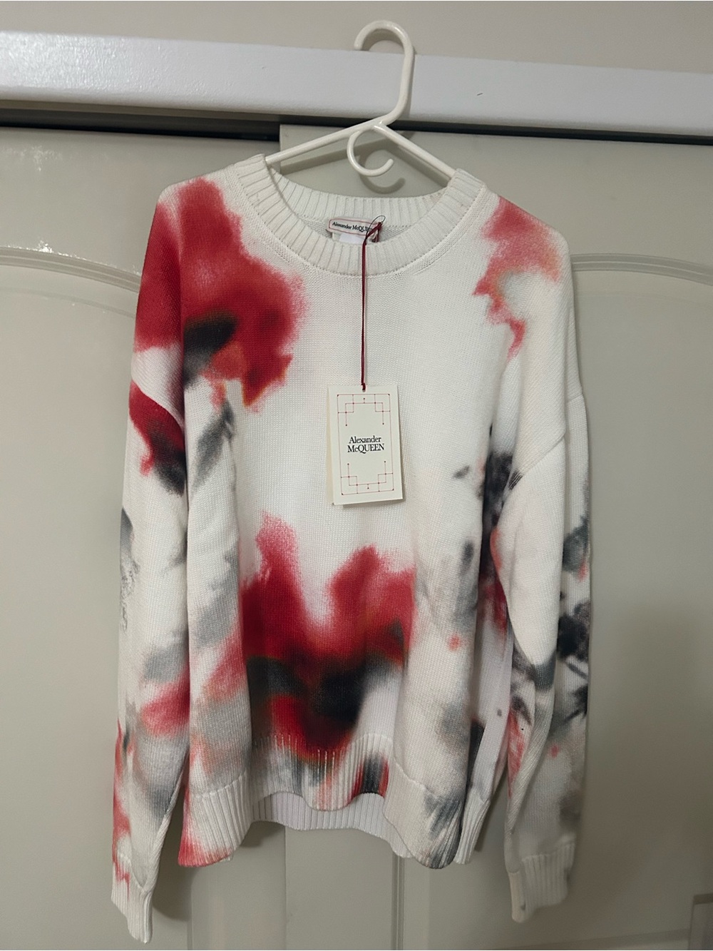 Alexander McQueen White Crewneck Sweater with Red & Gray Dye Accents